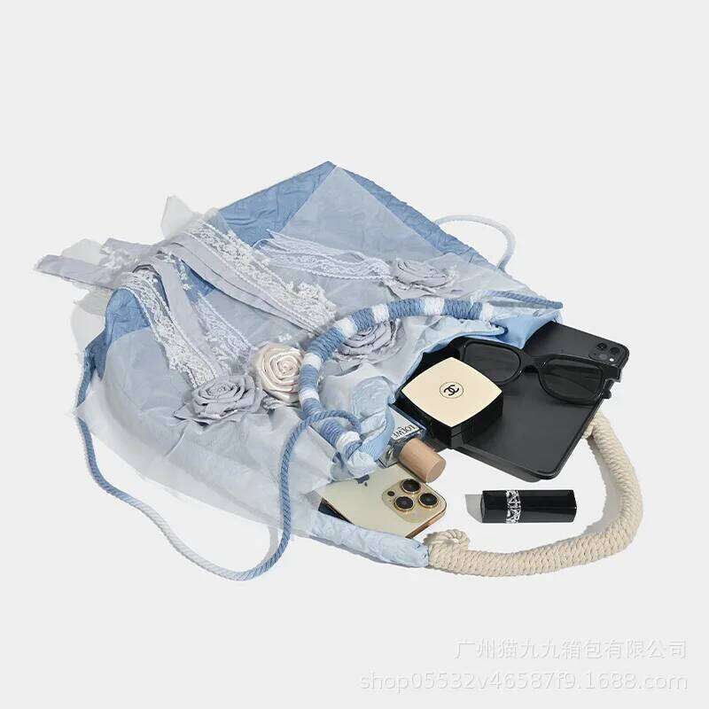 Vintage Pastoral Satin Tie-Dye Rose Early Summer Blue Pleated Fairy Tassel Lace Shoulder Bag