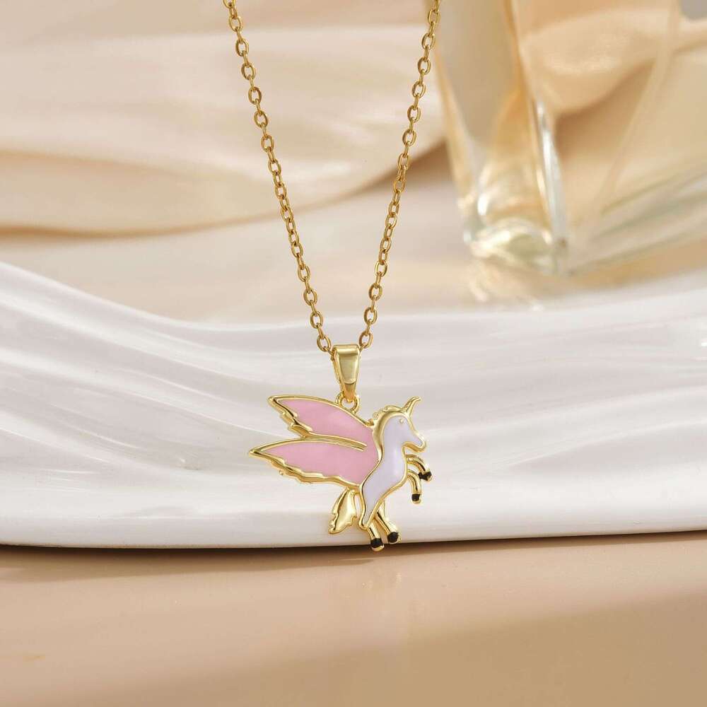 Fashion Cartoon Cute Unicorn Pegasus Style Necklace Personality Seven-Color Oil Drop Pendant Decoration 6Fb