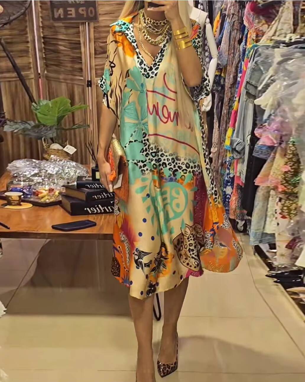 Women Casual Deep V Neck Loose Long Summer Half Sleeve Pullover Leopard Vestidos Colorful Print A-Line Party Dress dongdumaoyi