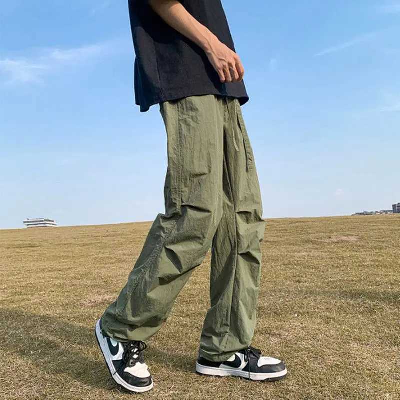 High Street Fashion Summer Casual Pants Men Solid Elastic Waist Drawstring Pocket Ice Silk Quick Drying Loose Straight Trousers y250716