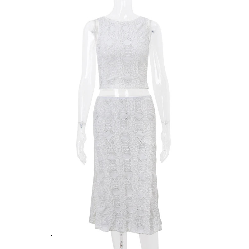 Y2K White Casual 2 Piece-Set Long Skirt Women Hollow Out Patchwork Sexy Cropped Tank Top And Maxi Skirt Sets Female Outfits 250715