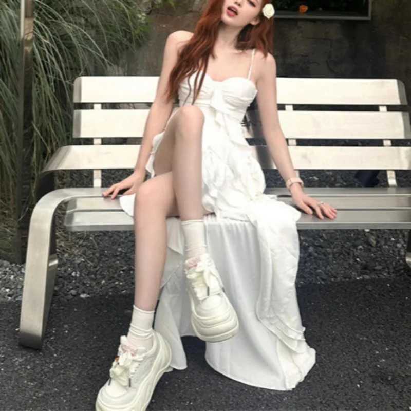 2025 Elegant Ruffle Hem High Low Dress Womens Sleeveless Spaghetti Strap White Gothic Vintage Fairycore Aesthetic Midi Dress R250716