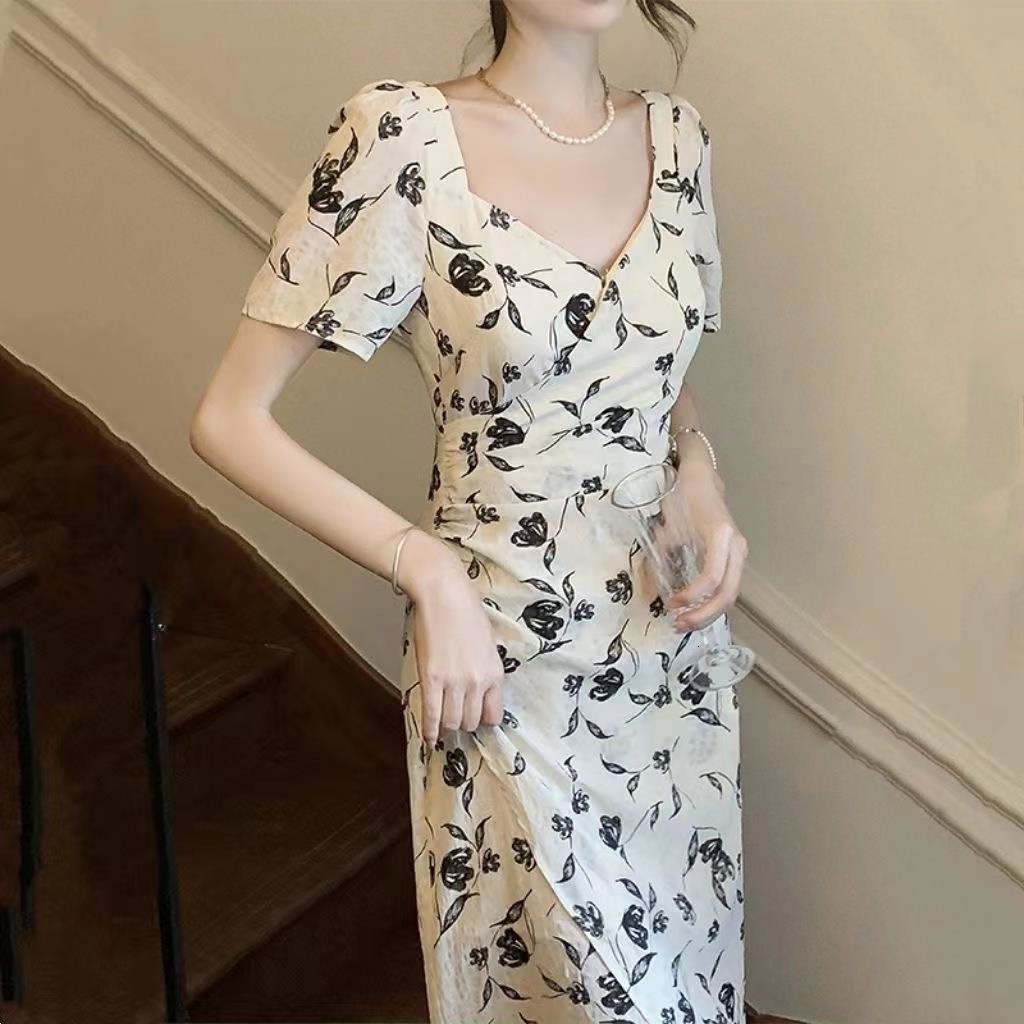 2025 Tea Break French Backless Dress for Women Summer High-End Elegant Long Waist-Cinching Slimming Gentle Style Floral