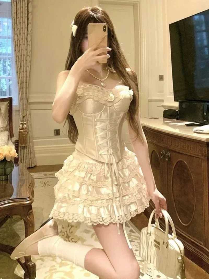 Mekst Y2K 2 Piece Sets Women Outfit Sexy Crop Lace Bandage Tank Tops + Ruffles Ball Gown Mini Skirt Summer Gyaru Design Clothes R250716