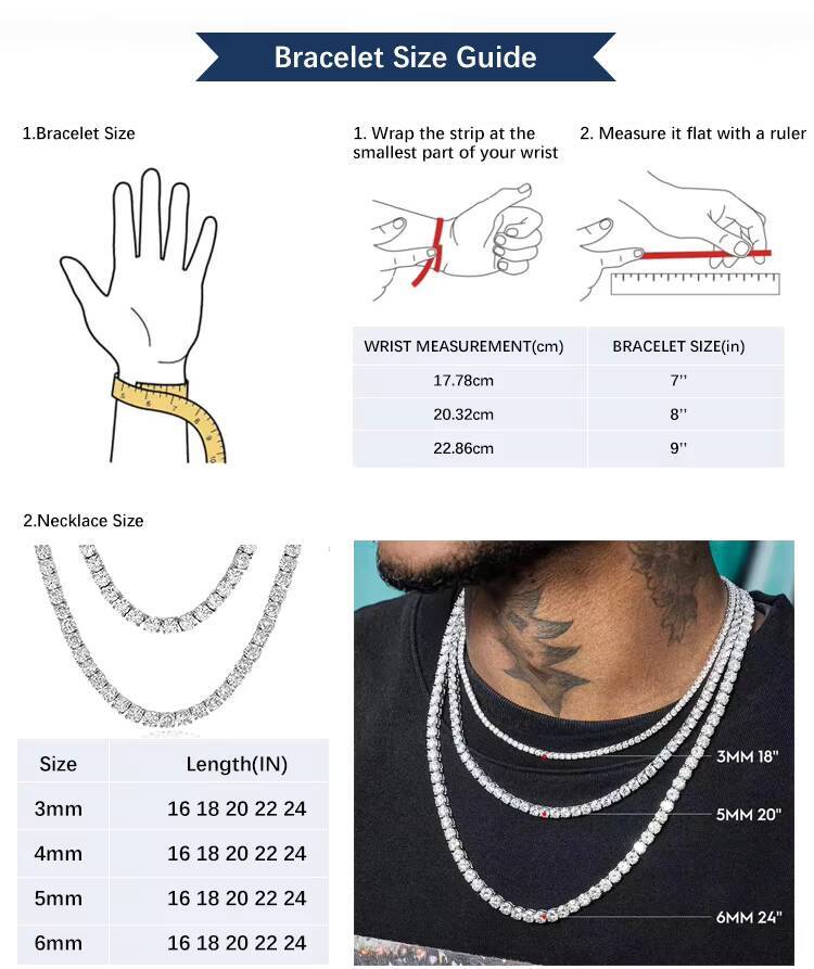 Wholesale Hip Hop Iced Out Fine Jewelry 2mm 3mm 4mm 5mm 6mm 6.5mm Lab Diamond 925 Silver VVS Moissanite Tennis Chain Necklaces