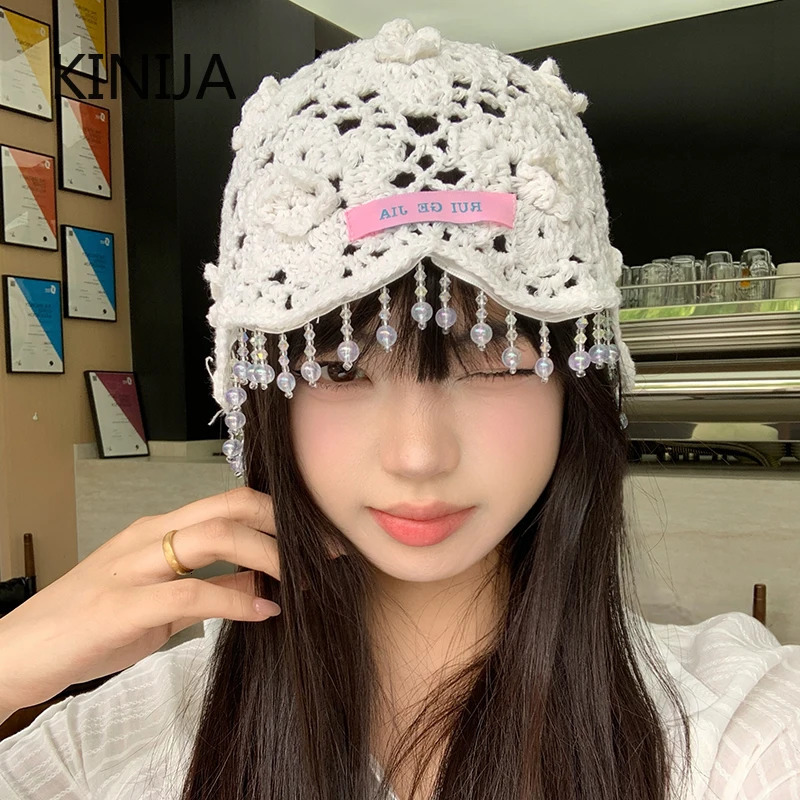 Handmade Tassel Knitted Hat Women Bohemian Beaded Fringed Pullover Hats for Girl Summer Travel Po Hollow Beanies Cap Y2K 250715
