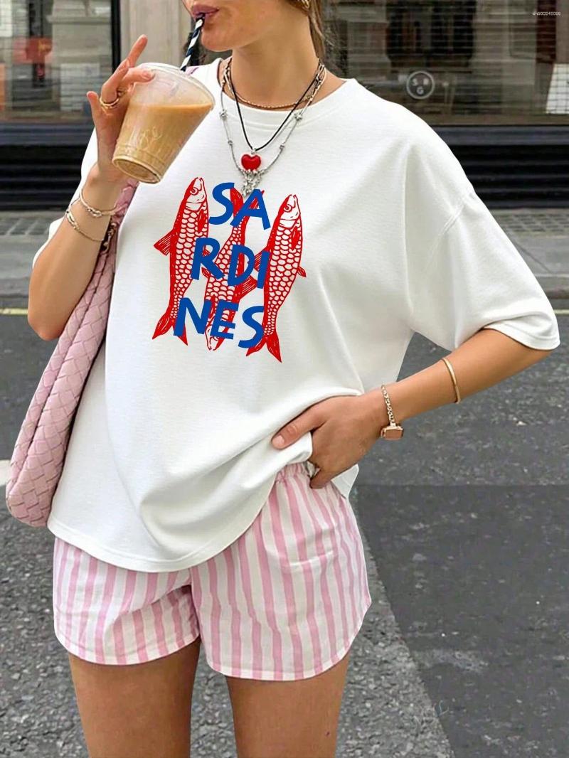 Women's T Shirts Cartoon Sardine And Letter Print Short-sleeved Tees Casual Versatile Style Suitable For Daily Wear Going Out In Summer