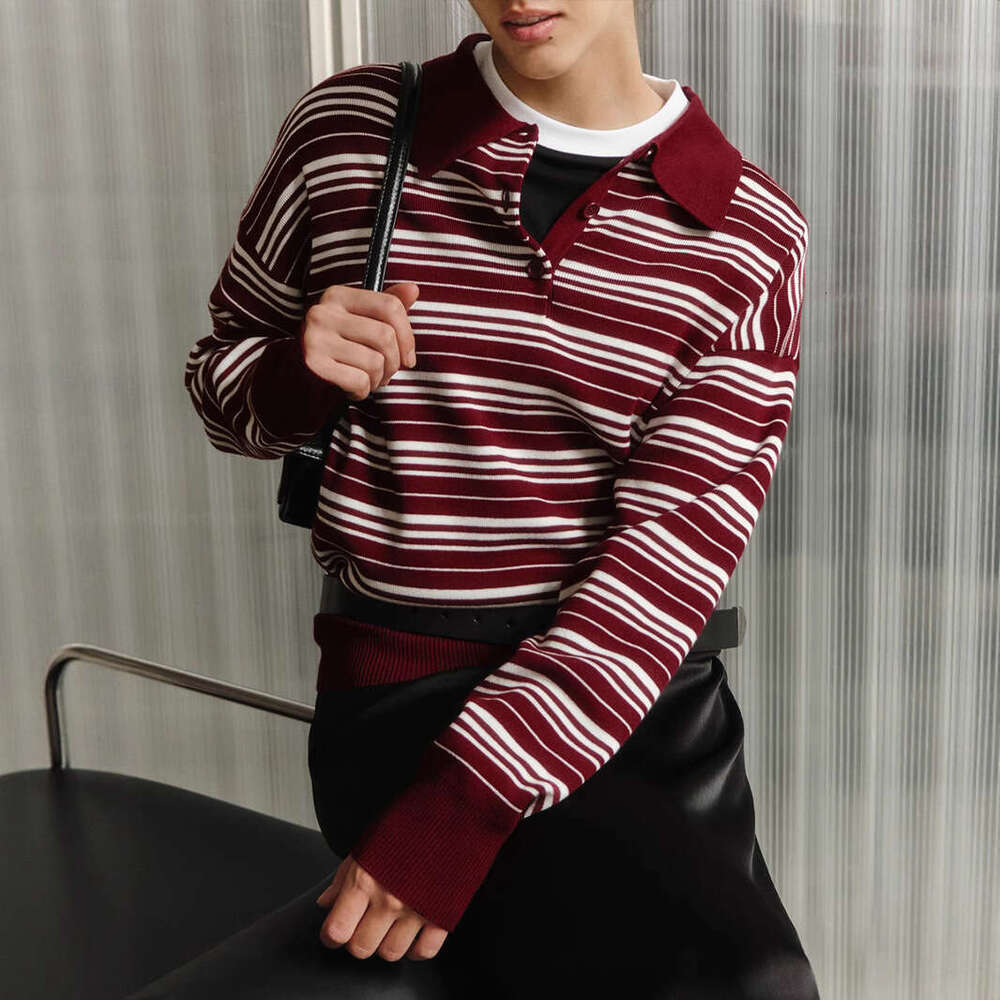 Knitwear Autumn New American Style Color-Block Striped Polo Collar Knit T-Shirt B5
