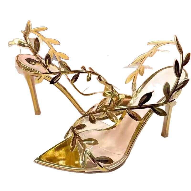 Quality ~ Design Sense Golden Branch Jade Leaf Gold Sandals 2025 Summer Ins Thin Heel Pointed Open Toe High Heels for Women