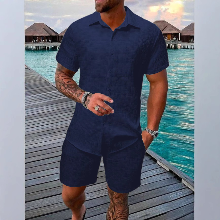 Manfinity Homme Men Solid Button Up Shirt & Shorts Set, Vacation Plain Husband Casual Clothes