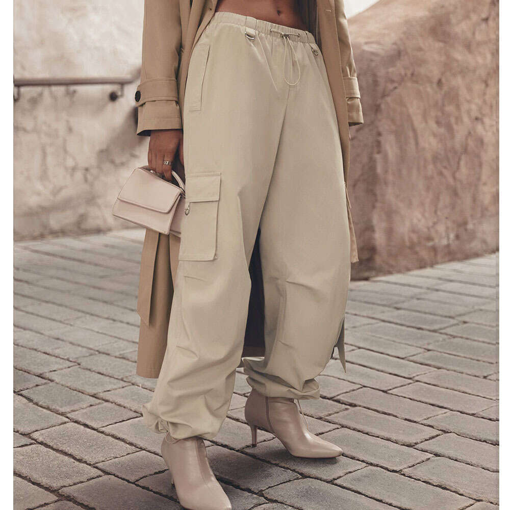 Spring Summer Women Comfortable Casual Unisex Drawstring Large Pocket Wide Leg Cargo Pants B5