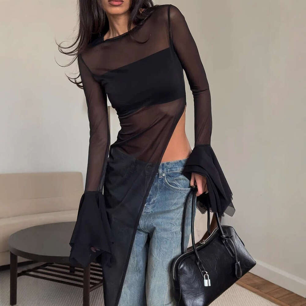 Irregular Summer New Bell Sleeve Long Black Mesh Dress B5