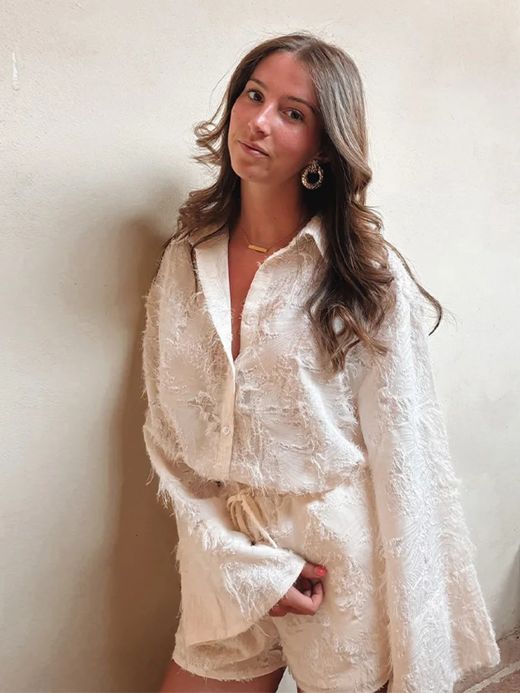 Loose 2 Piece Sets Women Outfit Casual V-neck Long Sleeve Shirt With High Waist Feathers Shorts Set 2025 Elegant Streetwear 250715