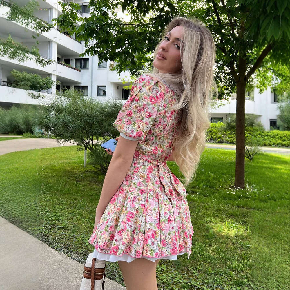 Doll Collar Printed Short Summer Puff Sleeve Single-Breasted Mini Dress For Women B5