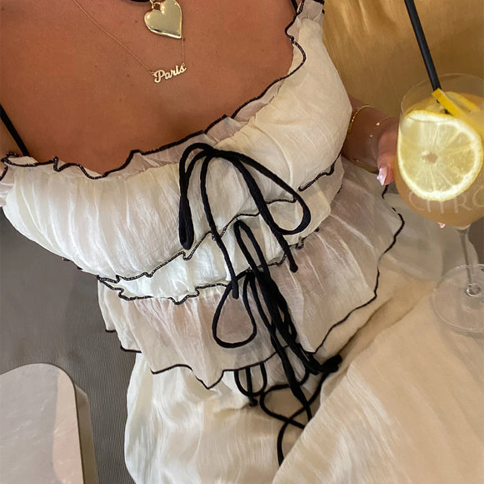 Women Y2k 2 Piece Outfits Patchwork Front Tie-Up Camisoles and Ruched Ruffle Maxi Skirt Matching Set Beachwear 250715
