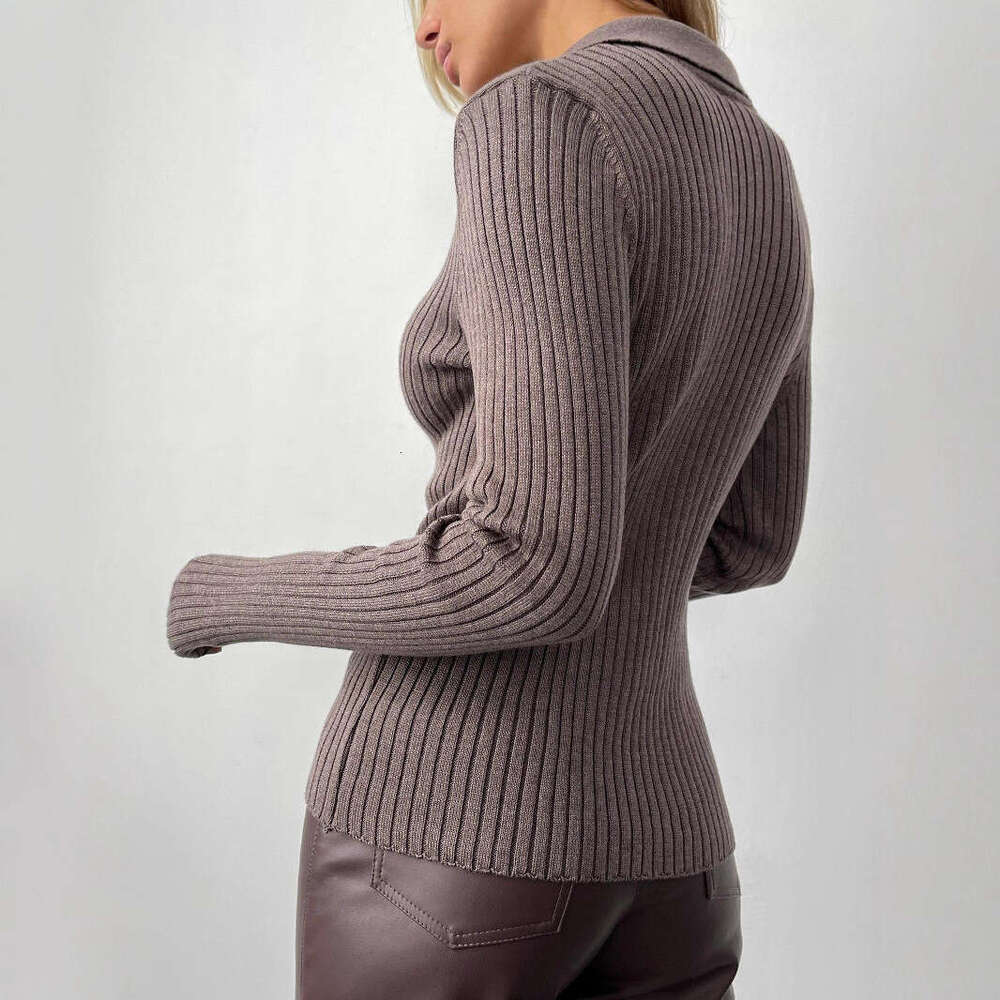 POLO Collar Knitted Autumn Winter Elegant Commuter Slim Fit Ribbed Base Pullover Sweater For Women B5