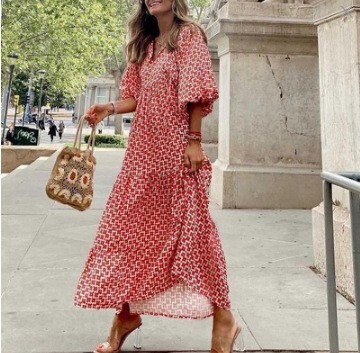 2025 Cross-Border Foreign Trade Summer Women's Short Sleeve Plus Size Loose Printed Lantern Sweet Style Dress Long Comfortable