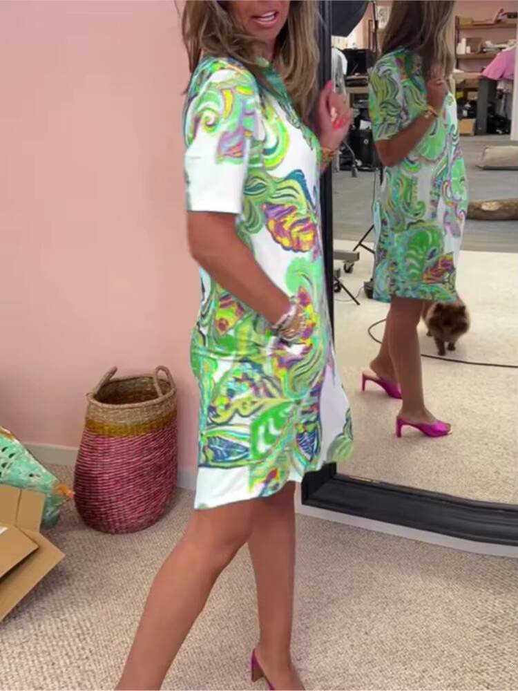 Summer Loose V-neck Short Sleeve Fashion Casual New Print Elegant Beach Party Dress Womens Clothing dongdumaoyi