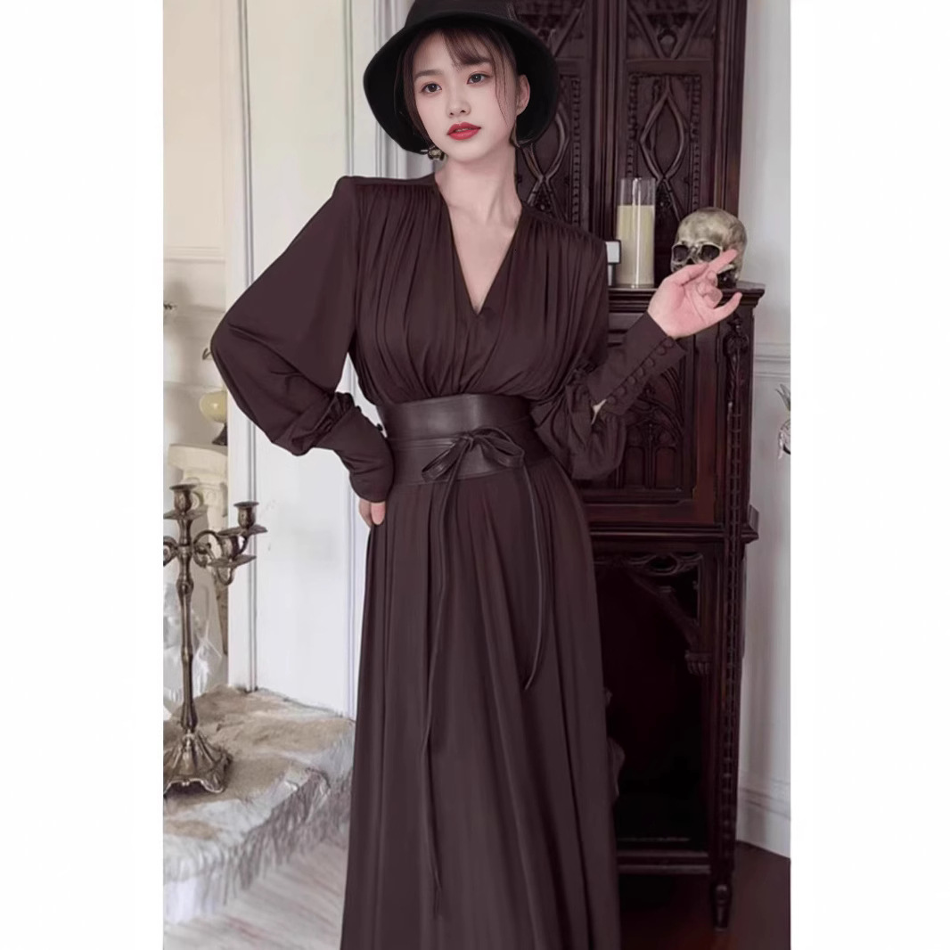 2025 European and American Style Women's New French Retro Design V-Neck Waist-Cinching Long Sleeve Dress