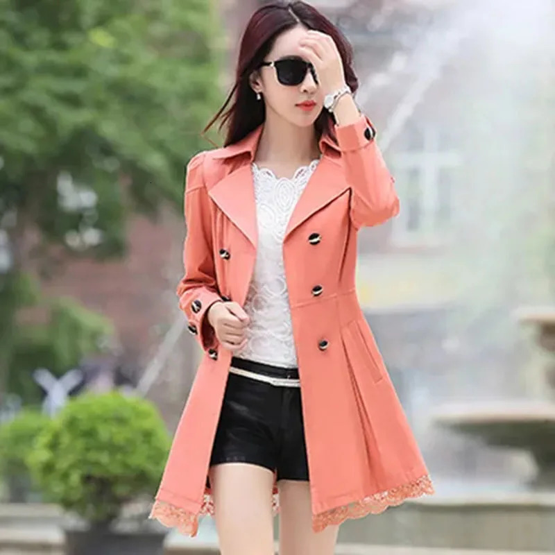 2025Spring Autumn Windbreaker Coat Women Fashion Slim Mid Long Lace Trench Coat Female Casual Double-breasted Outerwear Tops 250715