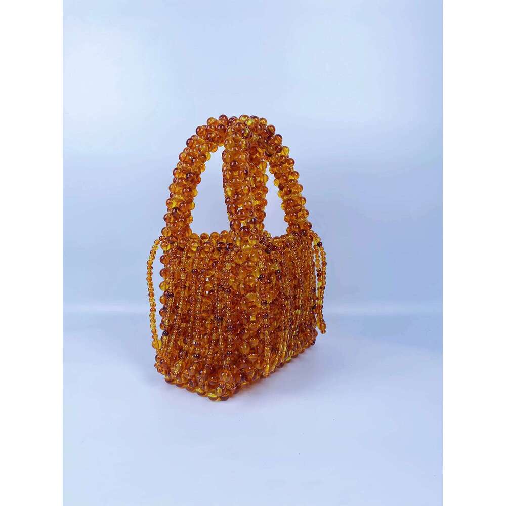 beaded woven bag amber acrylic cat eye beads retro handbag hollowed out pearl womens bag