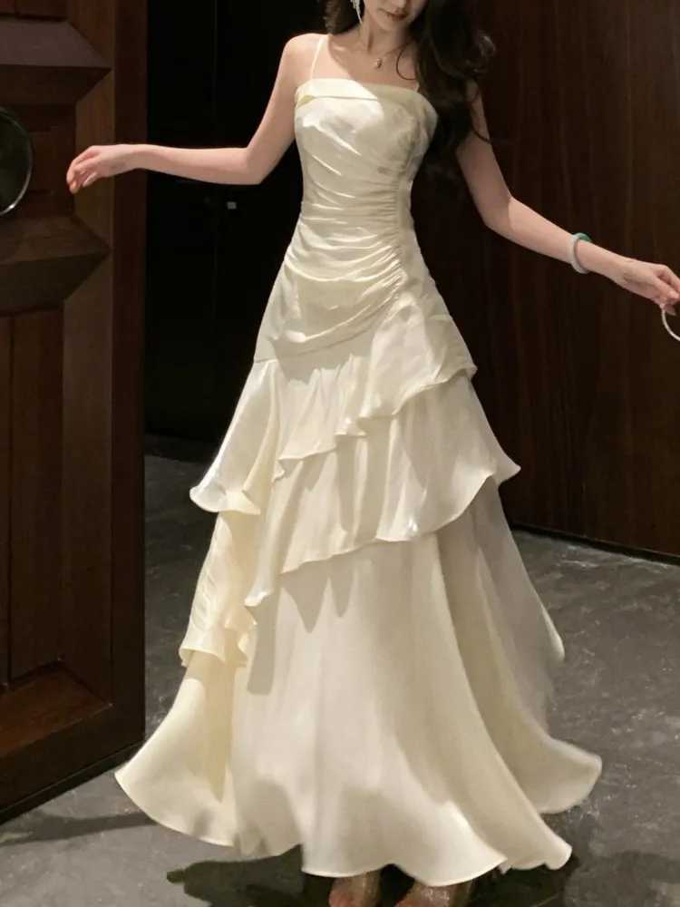 French Elegant Ruffles Sling Womens Mermaid Dresses Prom Gown Soild Zipper Tierred Shoulder Dress 2025 Summer Chic New Vestidos R250716