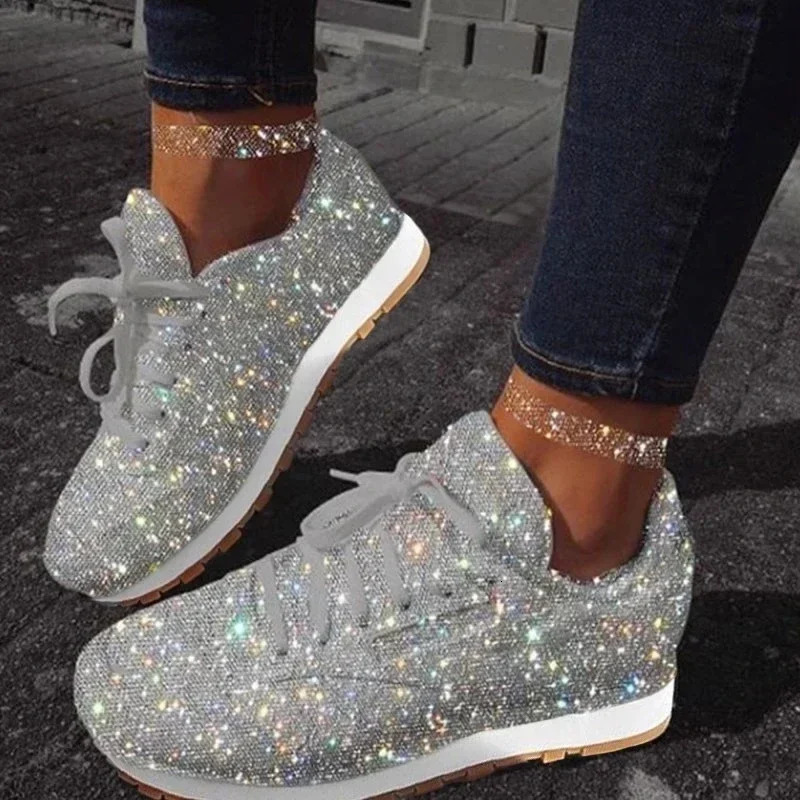 Women Flat Sneakers Casual Bling Vulcanized Shoes Women Mesh Lace Up Platform Plus Size Fashion Outdoor Woman Shoes 250712