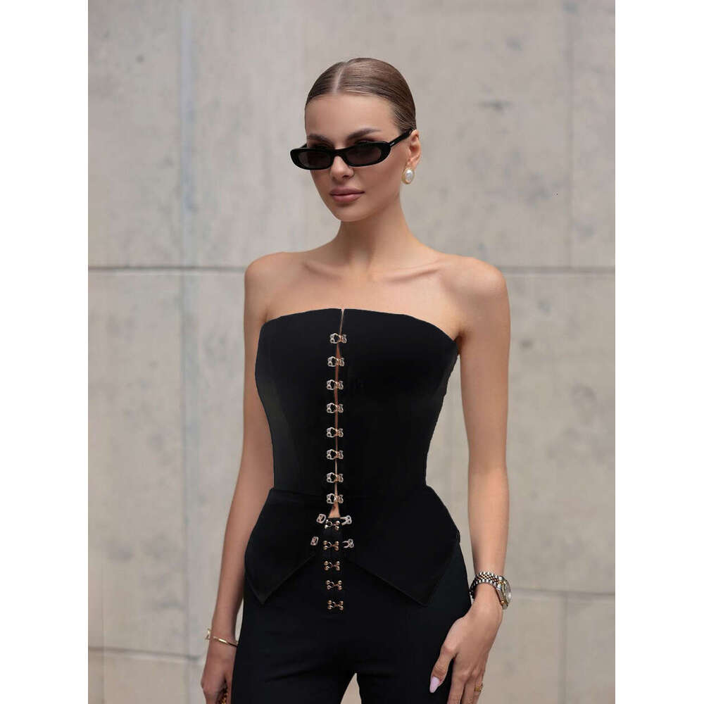 White Summer New Metal Buckle Sleeveless Top Sexy Slim Fit Strapless Women B5