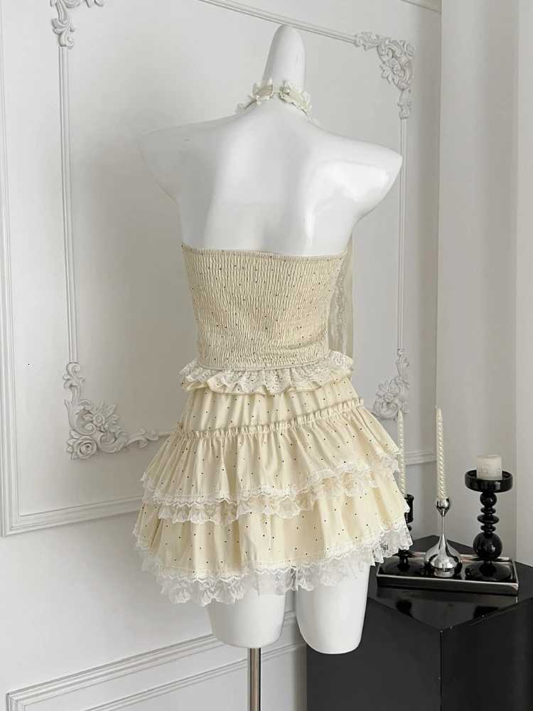 Summer Women Korean Ballet Core 2000s Shoujo Girl Kpop Gyaru Outfits 2 Piece Set Polka Dot Lace Tank Tops + Coquette Mini Skirt R250716