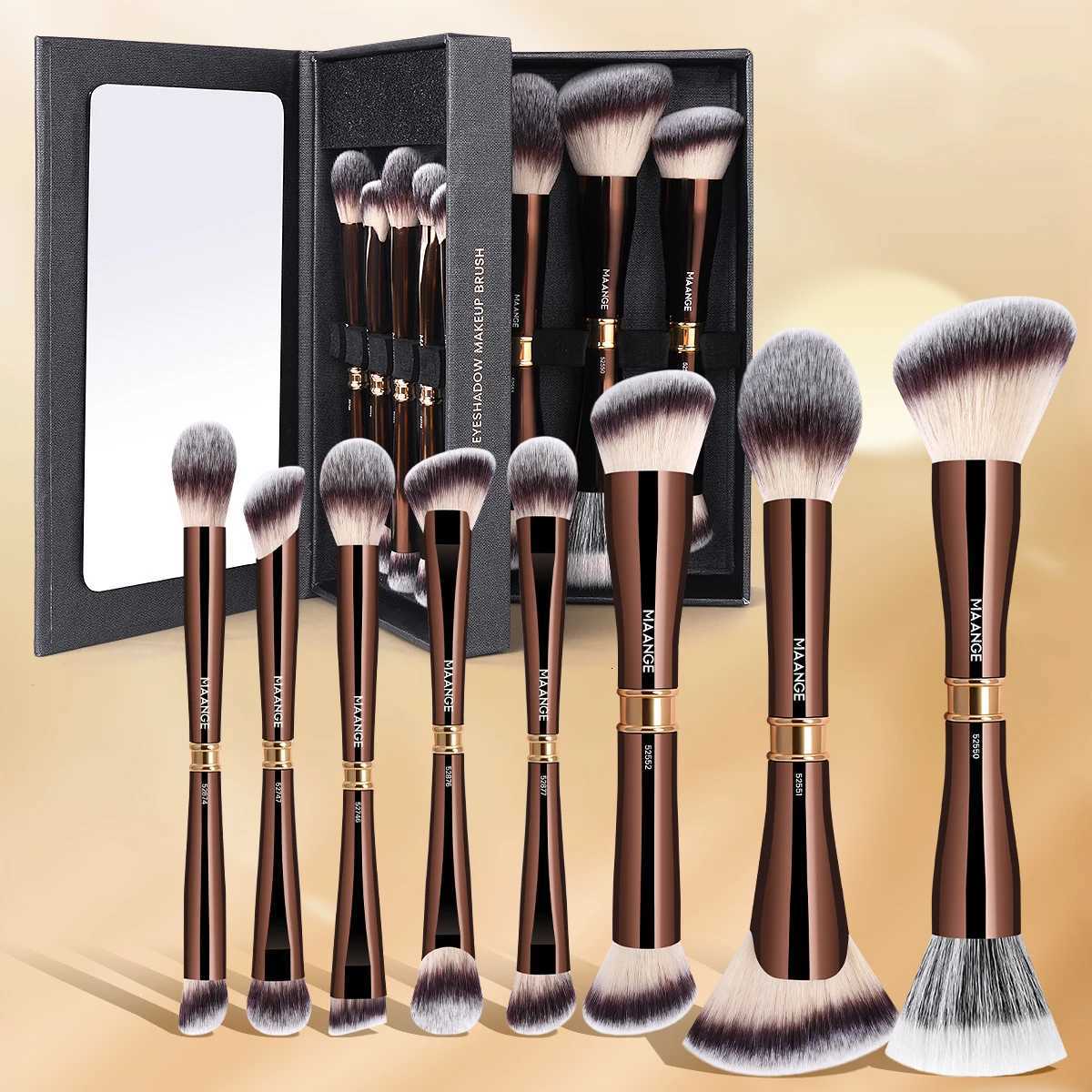8PCS Dual-Ended Makeup Brushes Set with Mirror Gift Box Foundation Powder Blush Concealer Highlighter Cosmetics Blending XJ2500716