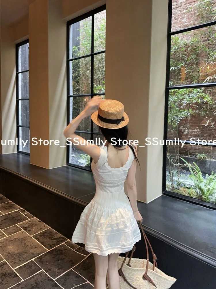 French Elegant Lace White Slip Dress Women 2025 Summer Knit Sweet Vest Mini Dresses Korean Chic Sleeveless Casual One-Piece Dress R250716