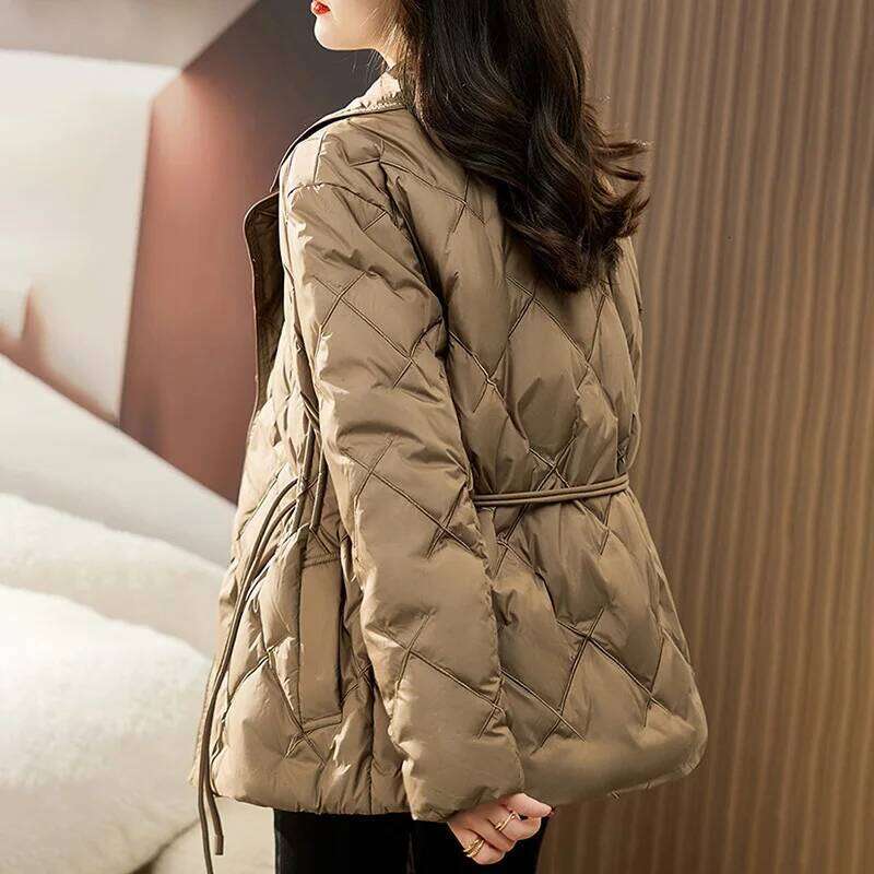 Lagabogy 2025 Autumn Women White Duck Down Double Breasted Jacket Winter Adjustable Waist Outwear Turn-Down Collar Puffer Coat