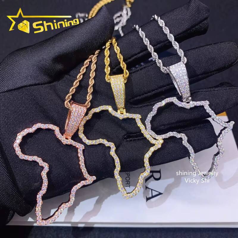 Hot Selling New Design Hip Hop Jewelry S925 Silver Gold Plated VVS Moissanite Diamond Map Pendant for Necklace