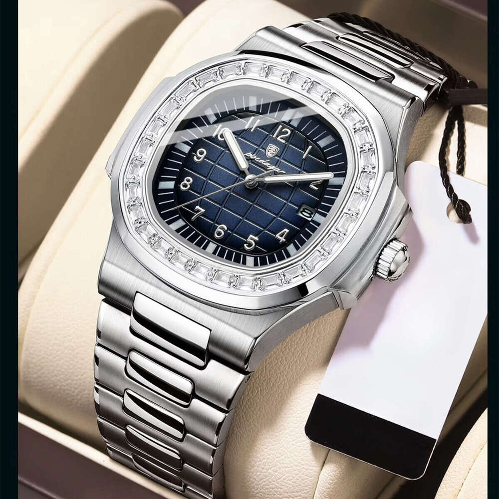 DHgargets Men's Luxury Square Watch - 50M Waterproof Stainless Steel Quartz Wristwatch with Date & Luminous (Model 925)