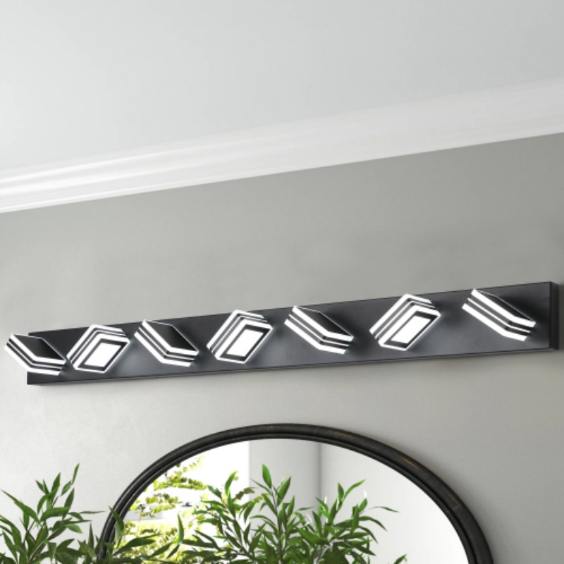 45 Inch Modern Black 7 Light LED Vanity Light Square Acrylic Lampshades Wall Mount Fixture Bathroom Mirror Lighting Dimmable 3000K Waterproof