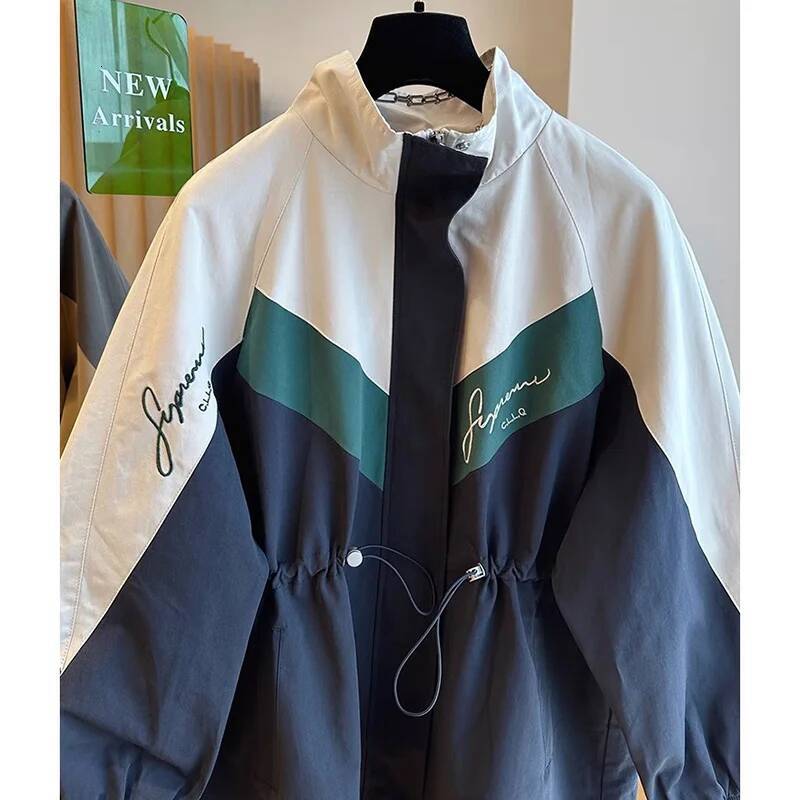 Fashion Contrast Color Women Jacket Casual Loose Zipper Single Breasted Drawstring Jackets 2025 New Streetwear Ladies Outerwear