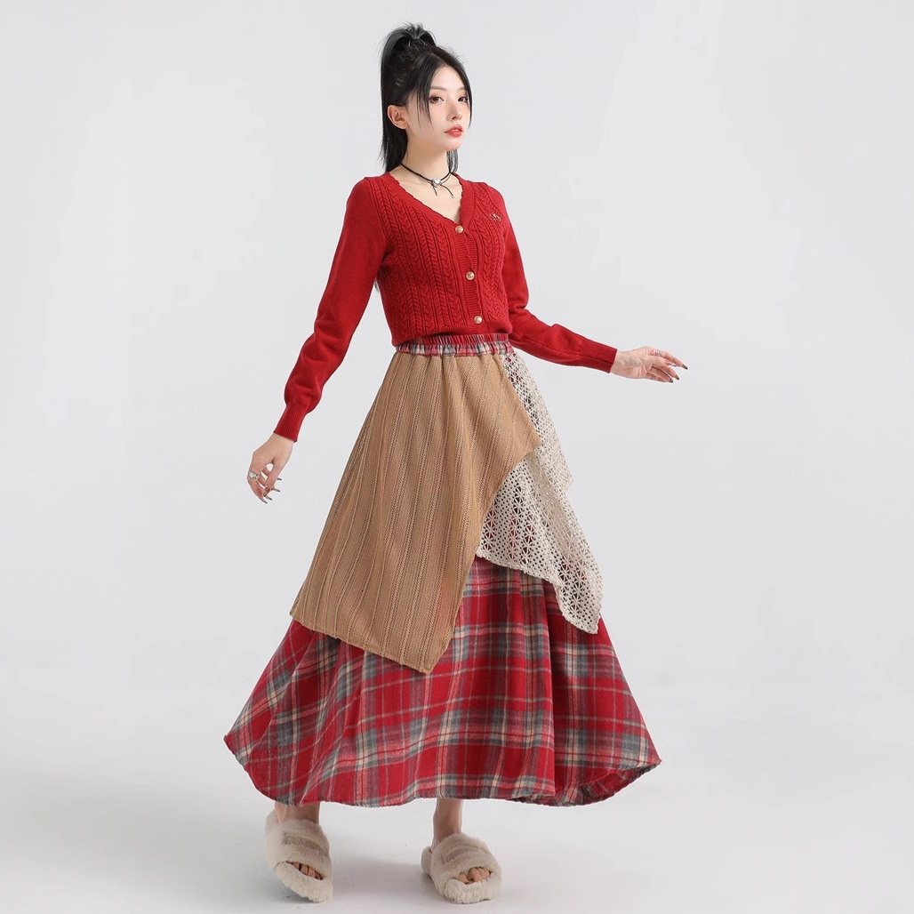 2025 Forest Style Retro Plaid Half Skirt for Women New Autumn Winter Design Irregular Patchwork High Waist A-line Long
