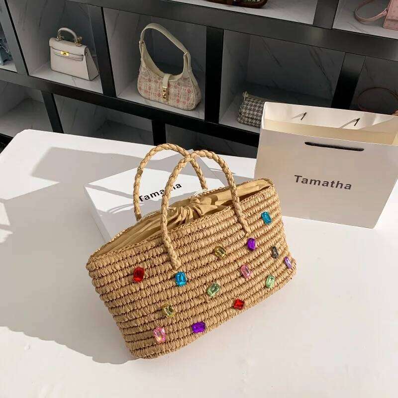 Summer Straw Woven Handmade Handbag Large Capacity Bucket Crystal Shiny Rhinestones Dia Tote Women Holiday Beach Bag