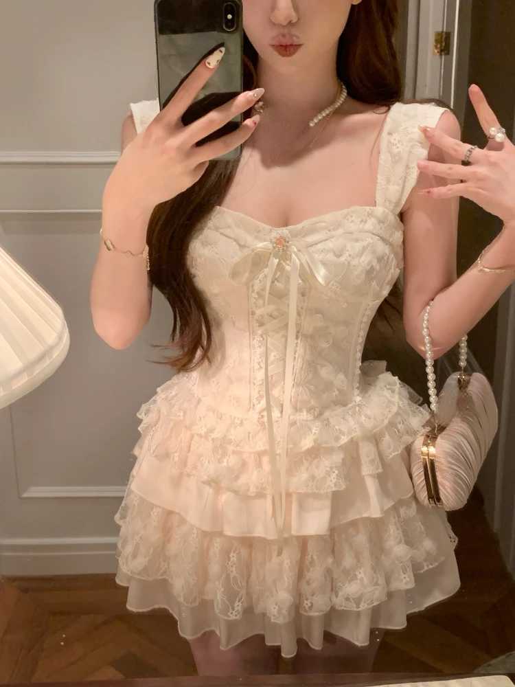 Elegant Sweet 2 Piece Skirt Sets Female Lace Pleated Y2k Crop Top + Cute Mini Cake Skirts Japanese Lolita Vintage Suits Summer R250716