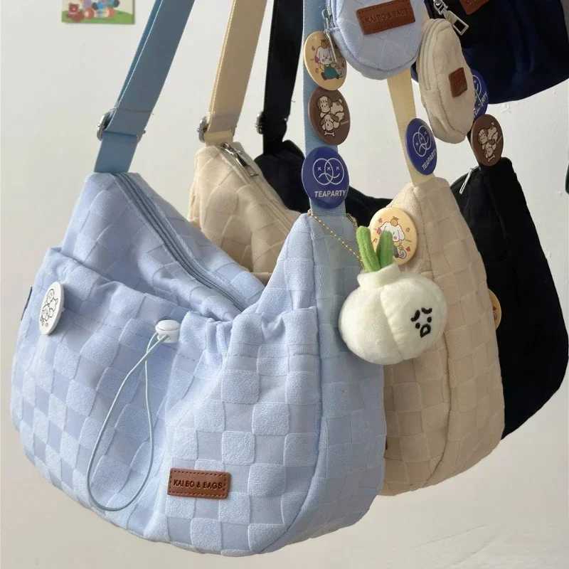 Xiuya Harajuku Style College Crossbody Bag Solid Color Plaid Print Large Capacity Shoulder Bag New Cute Designer Handbag