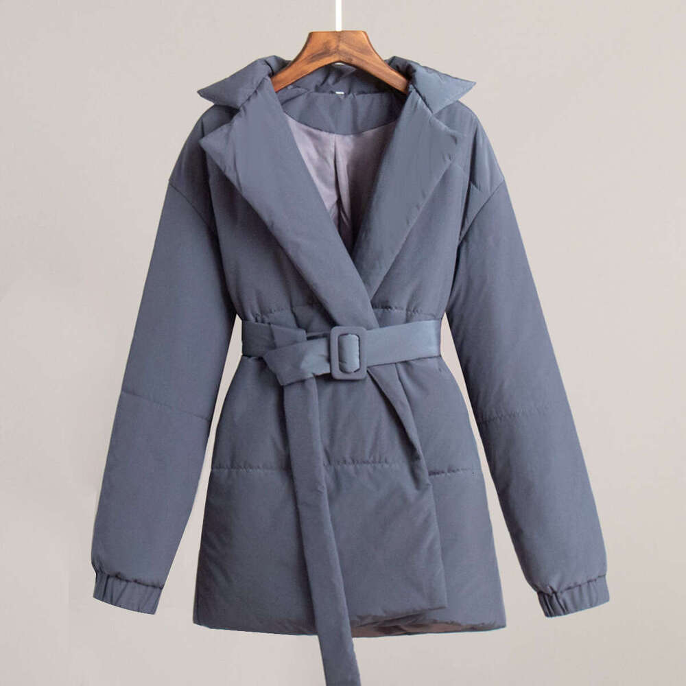 Winter New Thickened Slimming Waist Jacket With Belt Solid Color Cotton Coat B5
