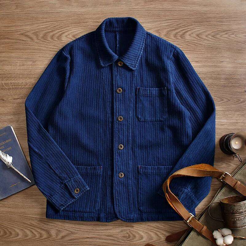 Indigo Cargo Men Vintage Heavy Weight Cotton Blue Dyed Workwear Tooling Jacket French Retro Multi-Pocket Cardigan Coat