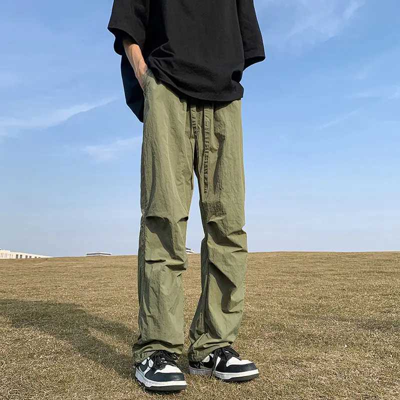 High Street Fashion Summer Casual Pants Men Solid Elastic Waist Drawstring Pocket Ice Silk Quick Drying Loose Straight Trousers y250716