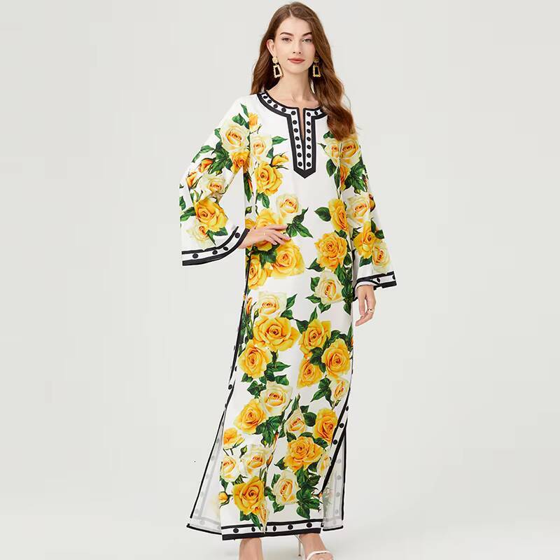 Summer Bohomian Loose Maxi Dress Runway Womens O-Neck Batwing Sleeve Yellow Rose Print Oversize Split Robe Long Vestidos 613 dongdumaoyi