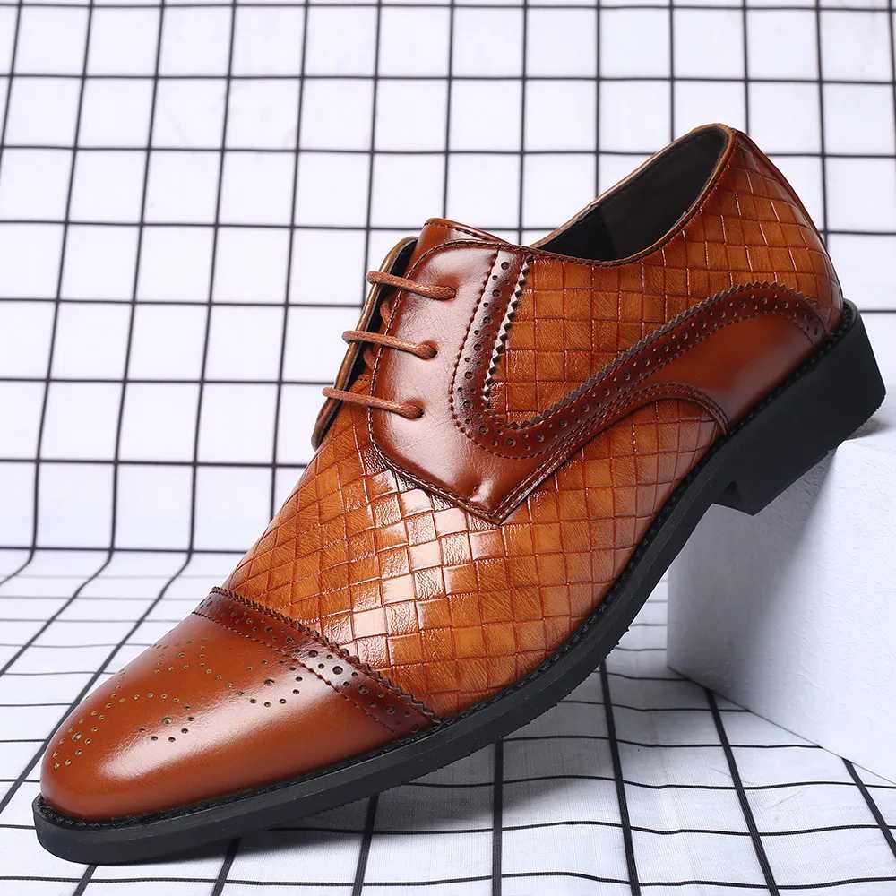 Man Stylish Derby Shoes Woven Leather Dress Mens Brogue Men Lace-Up Business Casual Office Party Wedding Shoes Y250715