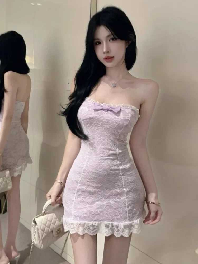 Ezgaga Dresses Women Sexy Strapless Lace Patchwork Bow Slim Stretch Elegant Backless Party Mini Dress Ladies Clubwear Sweet R250716