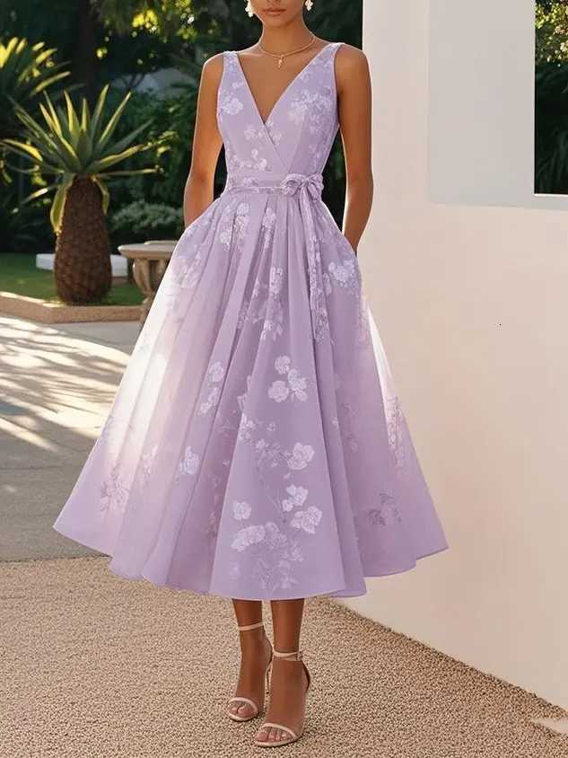 Stylish Temperament Printed Dress Elegant V-neck Mesh Sleeveless Waist Cinched Bow Dress Summer Women Long Dress Formal Dress R250716