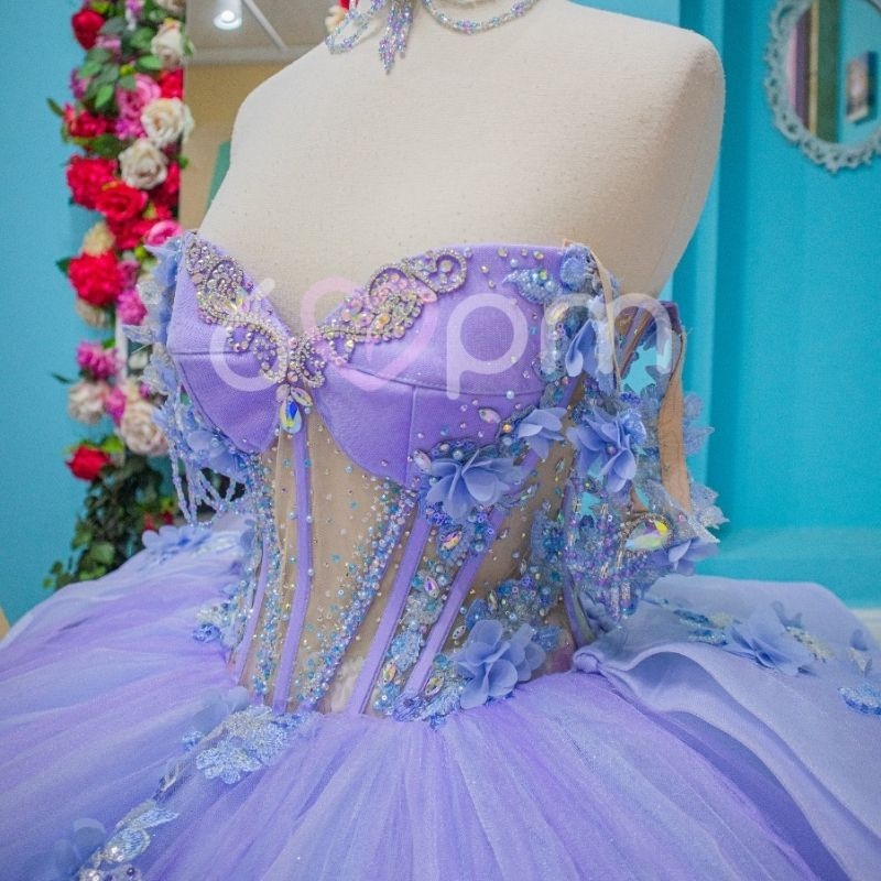 Lavender Quinceanera Dresses Ball Gown Off Shoulder Appliques Flower Beads Tull Sweet 16 Dress Vestidos De 15 Anos