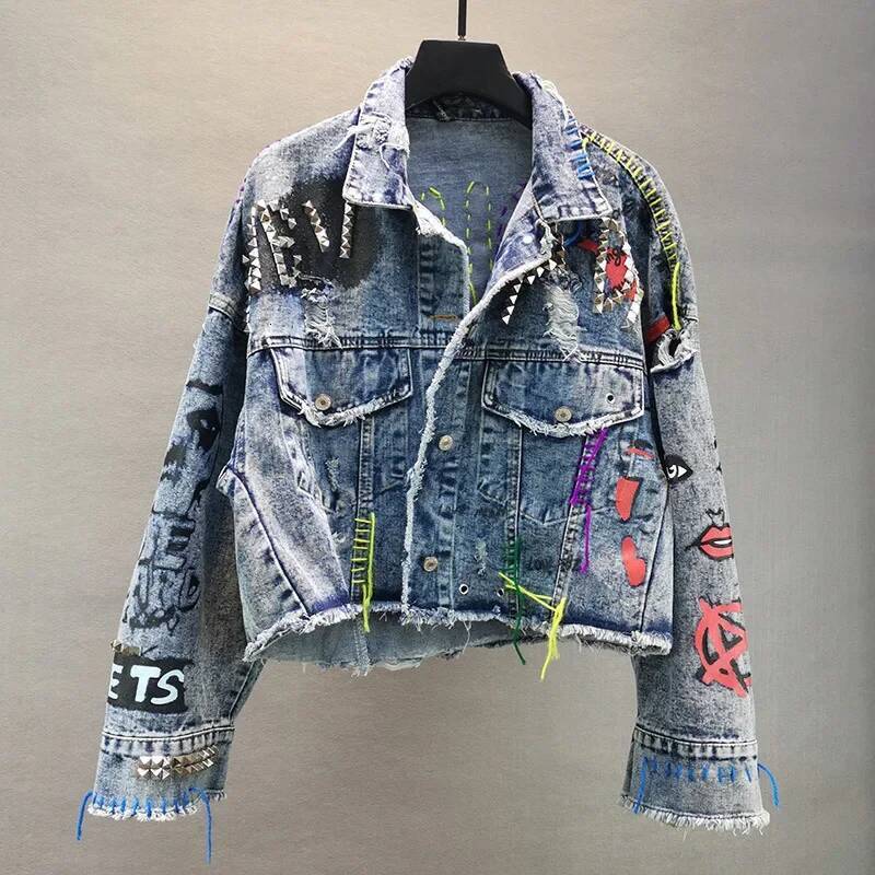 Rivet Beaded Line Tassel Letter Graffiti Print Women Outerwear Spring Autumn Casual Hole Denim Jacket Veste Femme