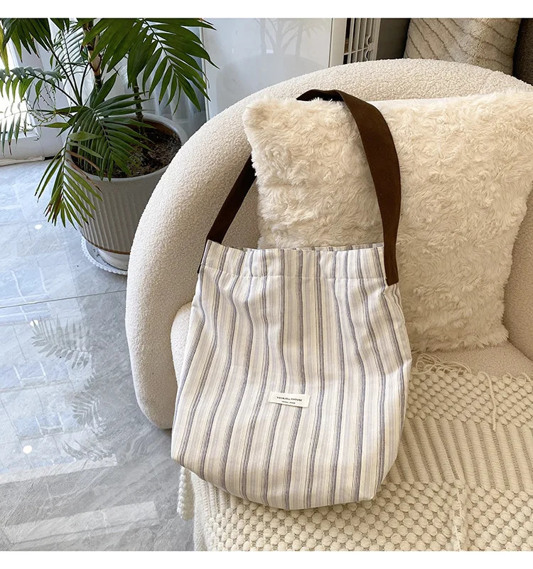 1 Piece Simplicity Korean Shoulder Bag Fashion Chic Student Striped Style Crossbody Bag High Capacity Canvas Tote Bag 250714
